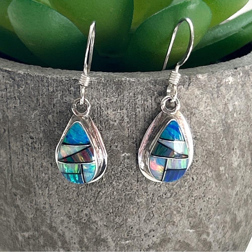Signed Southwestern Opal Inlay Sterling Silver Teardrop Earrings - Picture 7 of 10